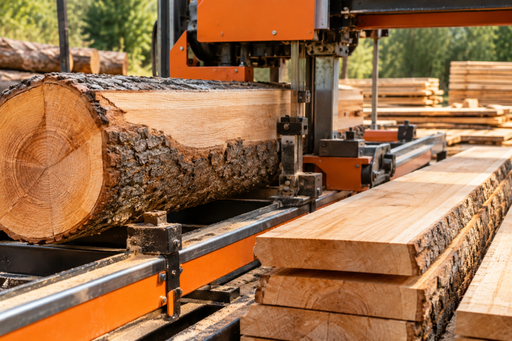 Portable sawmill cutting a large log into thick lumber boards